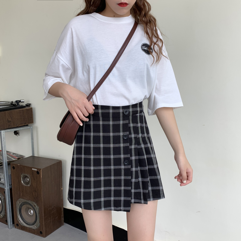 

Casual Pleated Preppy Style Skirts Ladies A-Line Irregular Sweet Skirts Women Mini Plaid Vintage Button High Waist Chic, Beige