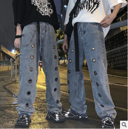 

Men's and women's popular street wide leg dad pants hollowed-out round hole fashion pants, As pic