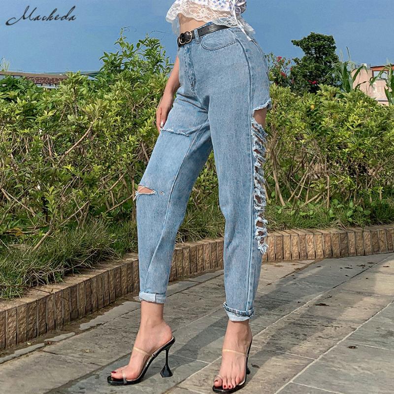

Macheda Women Blue Hollow Hole Denim Trousers Fashion Autumn High Waist Lady Slim Street Casual Torn Denim Pants 2020 New