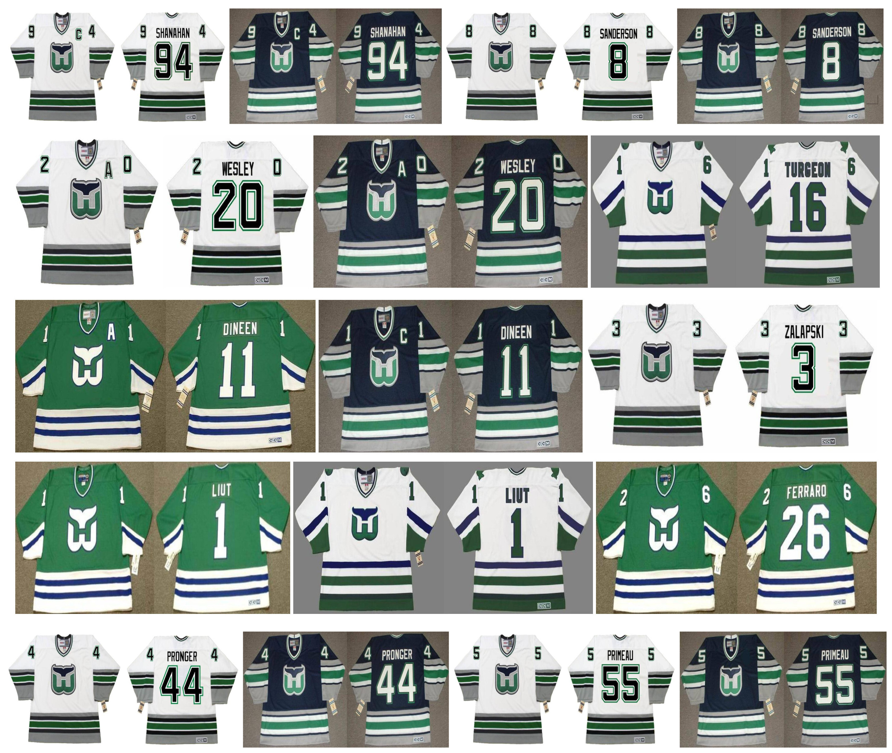 

Vintage Hartford Whalers Jerseys 1 Mike Liut 26 Ray Ferraro 11 Kevin Dineen 3 ZARLEY ZALAPSKI 20 GLEN WESLEY 16 SYLVAIN TURGEON Retro Hockey, As pic