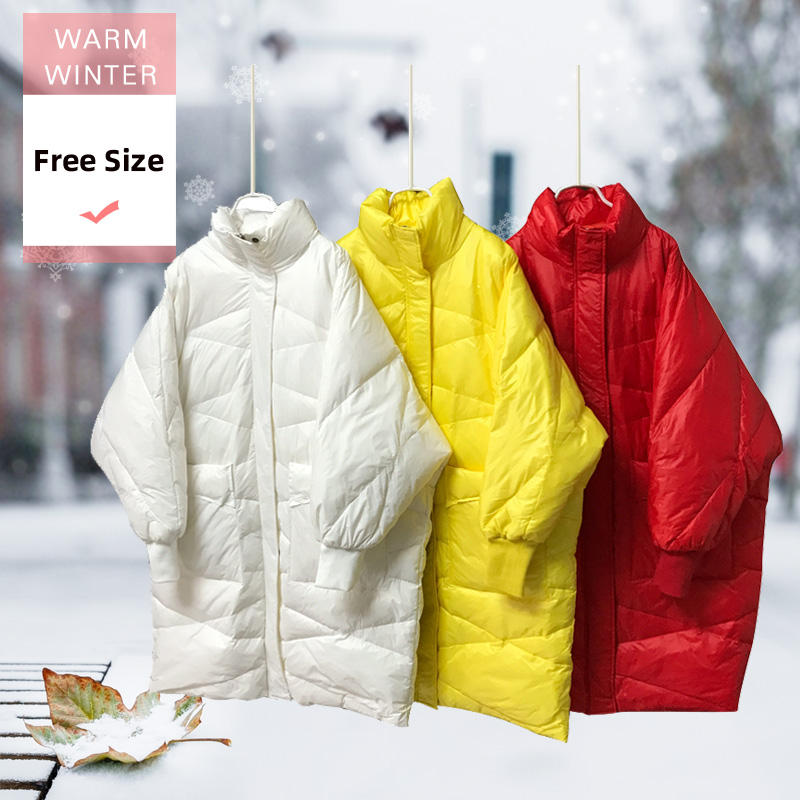

New Winter Fashion Women Long White Duck Down Jacket Female Thick Warm Stand Collar Zipper Jacket Solid Soft Windproof Outwear, Beige