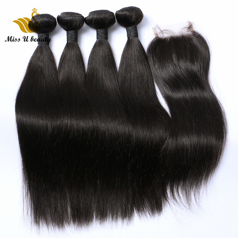 

4 Bundles With Closure Silky Straight Hair Weaves Weft with Top Lace Closure 4x4 Unprocessed Virgin Human Hair Bundle Extensions