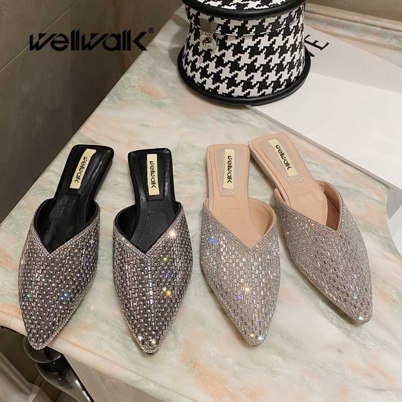 

Rhinestone Mules Shoes Women Flat Slippers Pointed Toe Female Fashion Dress Loafers Open Back Ladies Bling Fisher Shoe Woman New, Black
