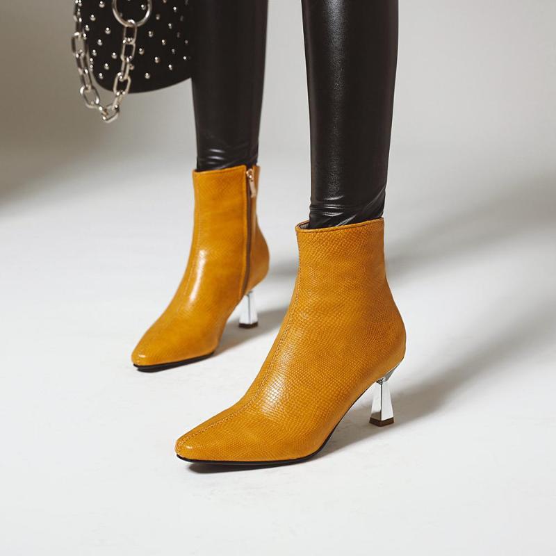 

2020 Women Boots Fashion Sexy Zipper Thin High Heel Pointed Toe Autumn Winter Ankle Boots white yellow black silver Size 34-43