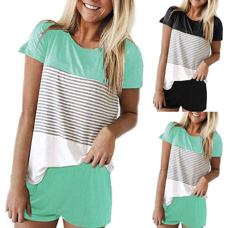 

Women' Pajamas Set Short Sleeve Print Tops T-shirt+Striped Shorts Sleepwear Sets Suit Female Ladies Nightwear A2, Bk