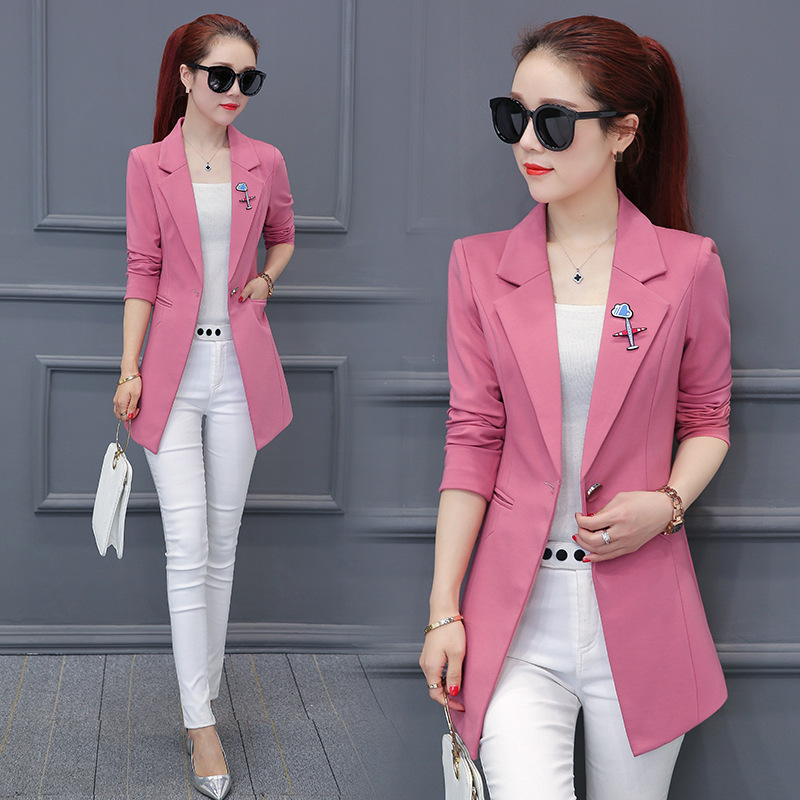 

spring and 2019 autumn new long section of simple casual fashion Slim small suit women solid color suit jacket AL1893, Black