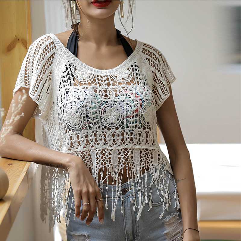

Women Summer Tassel Holloe Out Blouse Shirt Female Lace Crochet Shirt Casual Tops New 2019 Boho Beach Cover SJ2185V, Beige