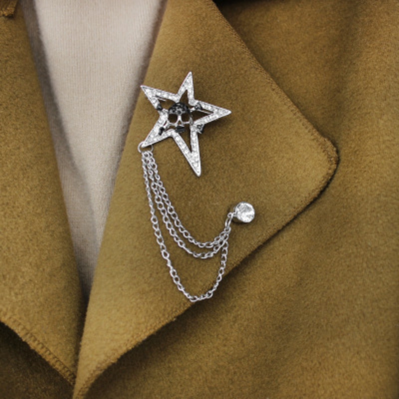 

Pins, Brooches Brooch Vintage Men's Lapel Pin With Chain Tassel Gold Star Rhinestone Collar For Women Men Blouse Shirt Suit Decorations