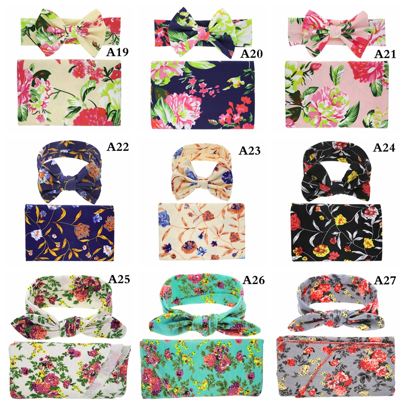 30styles Kids Muslin Swaddles Ins Wraps Blankets Nursery Bedding Newborn Organic Cotton Ins Floral Print Swaddle + Headband two piece sets-image-438051640