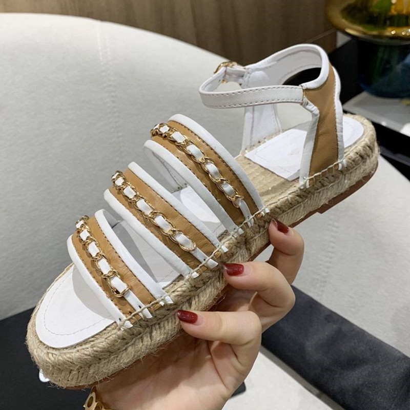 

Straw braid sole women sandals chains decor casual flats summer shoes woman, Black