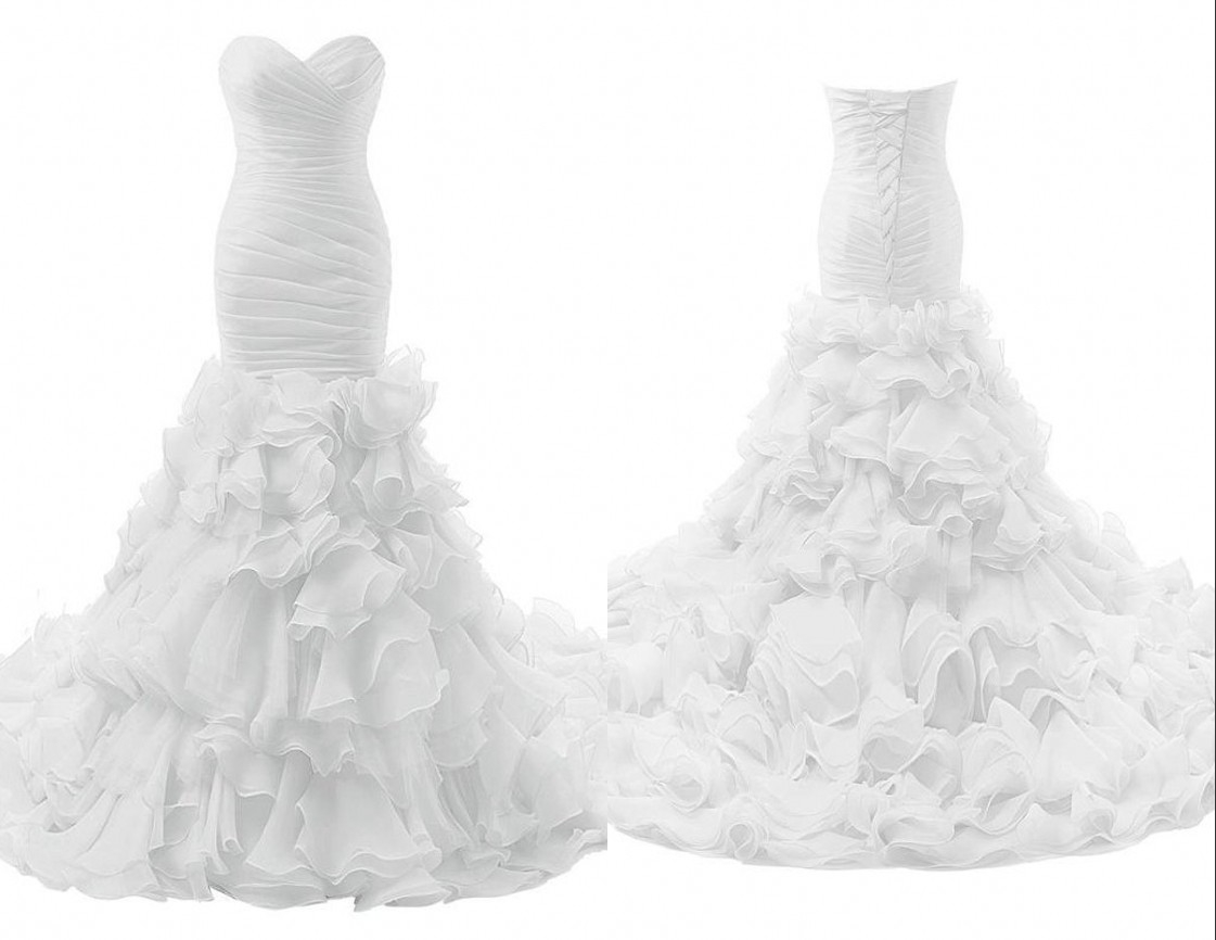 

Real Photo Mermaid Wedding Dresses Gown Sweetheart Ruffles Organza Court Train Corset Back Long Bridal Gowns, Daffodil