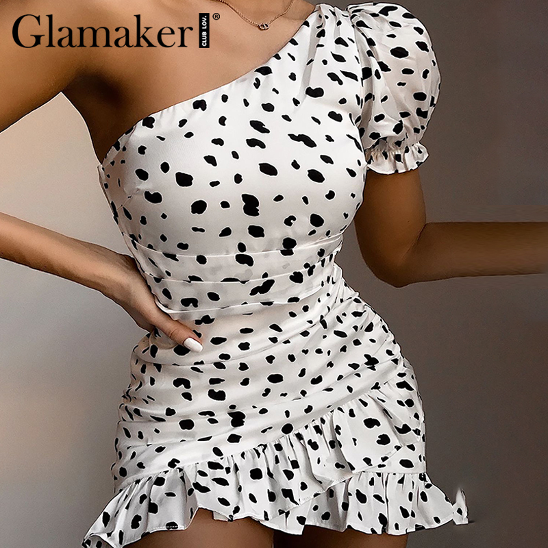 

Glamaker Leopard print puff sleeve white dress Women ruffle short summer bodycon sexy dress Elegant party club mini wrap