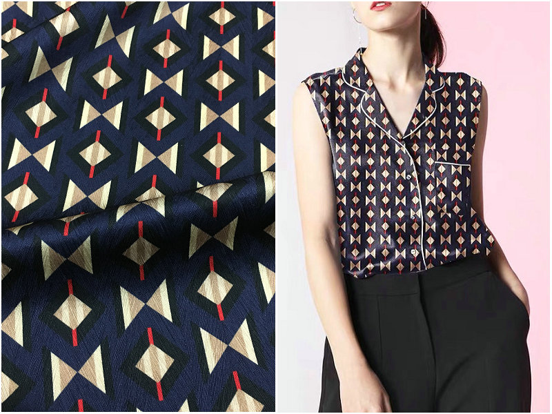 

22mm herringbone pattern heavy silk fabric navy blue geometric digital printing elastic silk satin dress fabric boutique