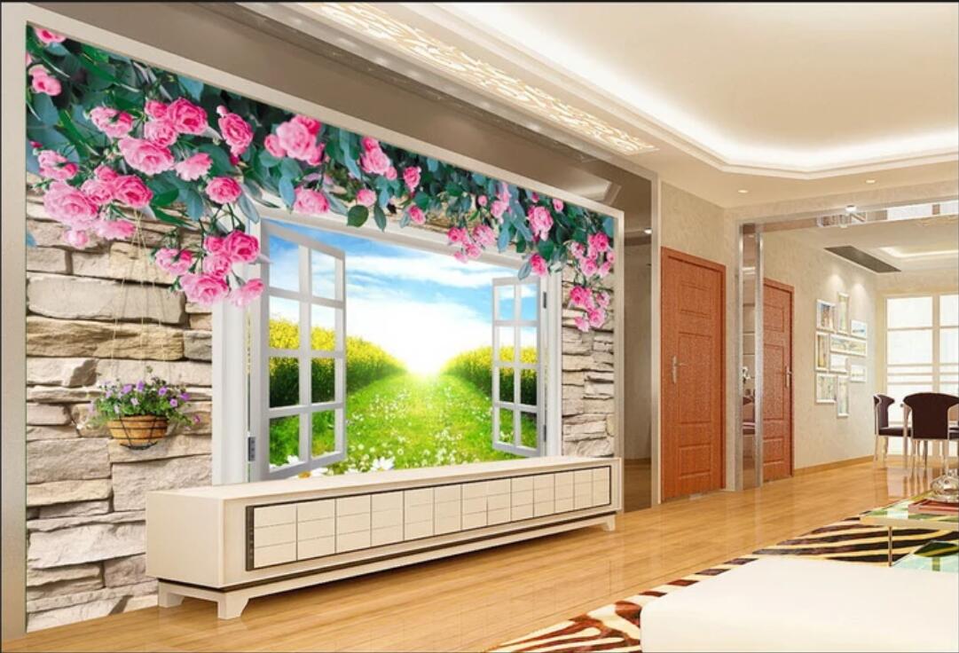 

3d wallpaper custom photo mural 3D stereo window outside the rose TV background wall wall art canvas painting landscape wall tapestry 3d, Non-woven fabric