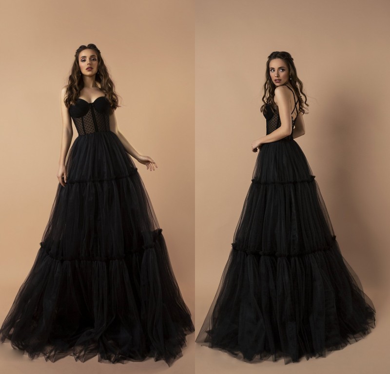 

Sexy Black Spaghetti Prom Dresses Tiered Tulle Girls Pageant Gowns Criss Cross Back Floor Length Formal Party Women Clothing, Dark navy