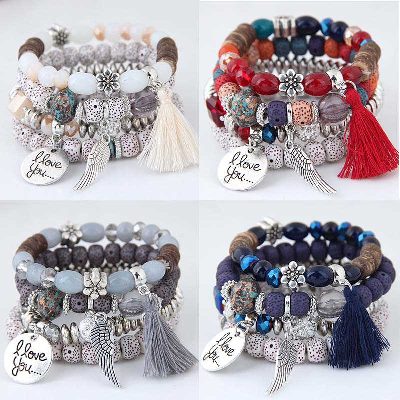 

Vintage Boho 4pcs/set Love You Multilayer Bracelet Lovers' Beaded Bangle Jewelry
