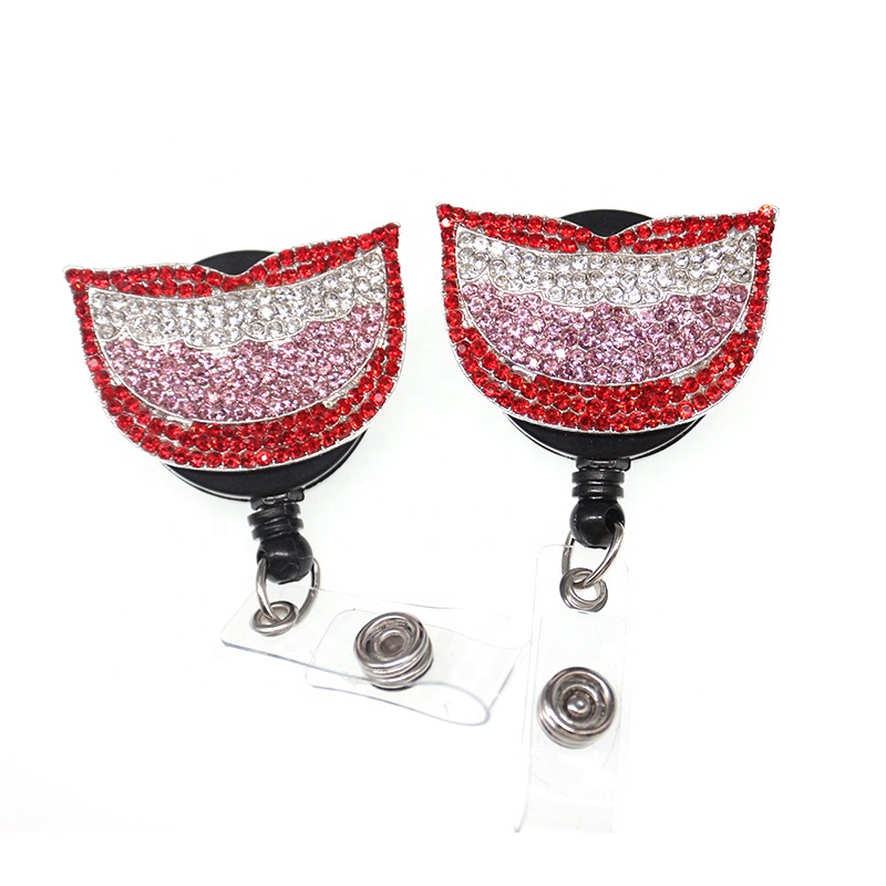 10pcs/lot Key Ring Retractable Medical Sparkly Pink Rhinestone Crystal Mouth Shape ID Badge Reel Holder With Alligator Clip for Decoration-image-463815766
