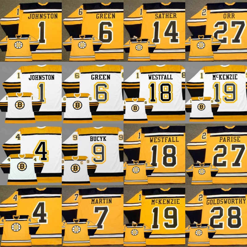 

Boston Bruins 1966 Vintage 1 JOHNSTON 4 BOBBY ORR 6 GREEN 7 MARTIN 9 BUCYK 14 SATHER 18 WESTFALL 19 McKENZIE Throwback Hockey Jersey, Yellow#27 j.p. parise