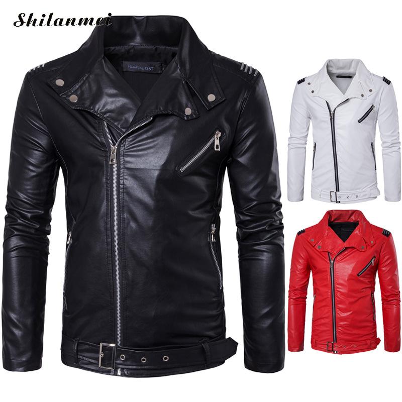 

Men'S Pu Leather Jacket Men Solid Black Zipper Punk Jacket 2019 Autumn Winter Bomber Male Motorcycle Coat Slim Leather Coat, White