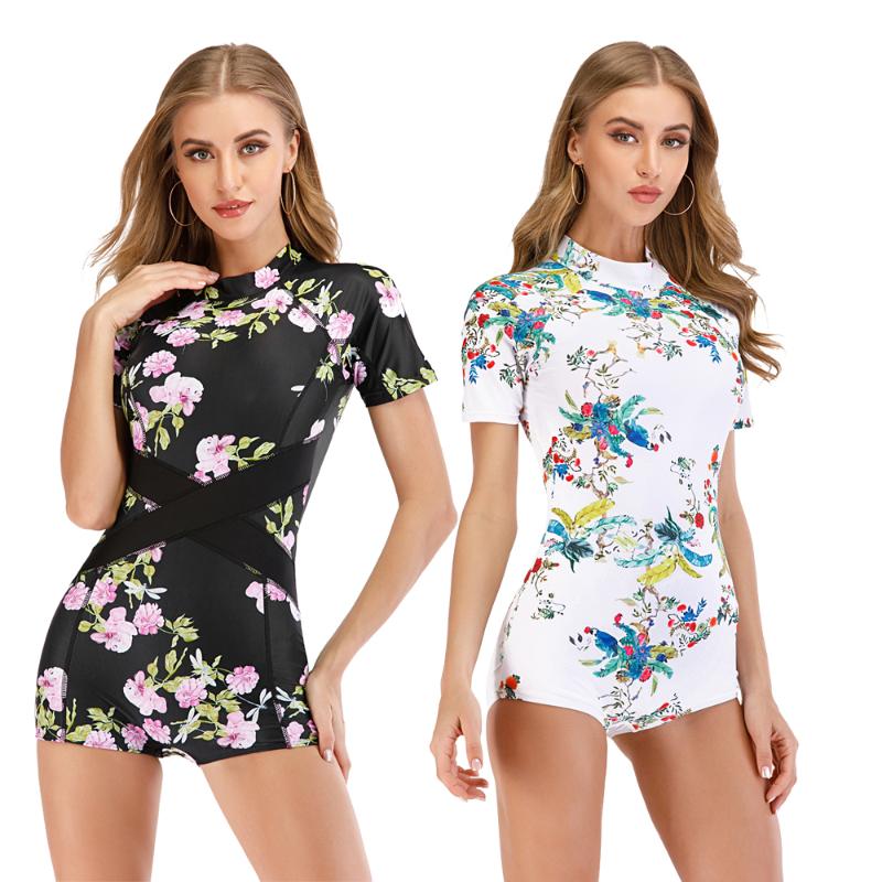 

Vintage Women RashGuard One-Piece Short Sleeve Floral Patchwork Zipper Quick Drying Swimsuit Summer Spring Diving Surfing -2XL