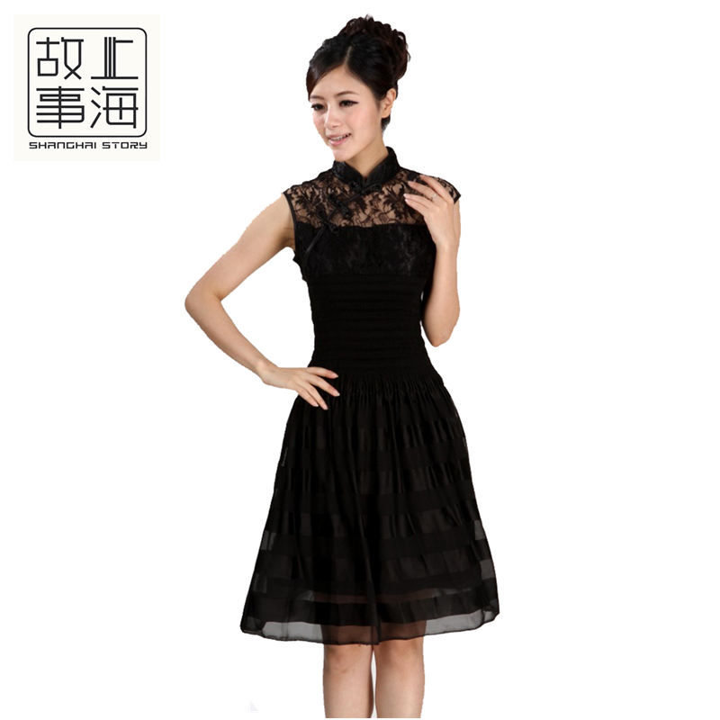 

Shanghai Story cheongsam dress traditional Chinese Style Sexy Lace Knee length dress Summer Black lace qipao