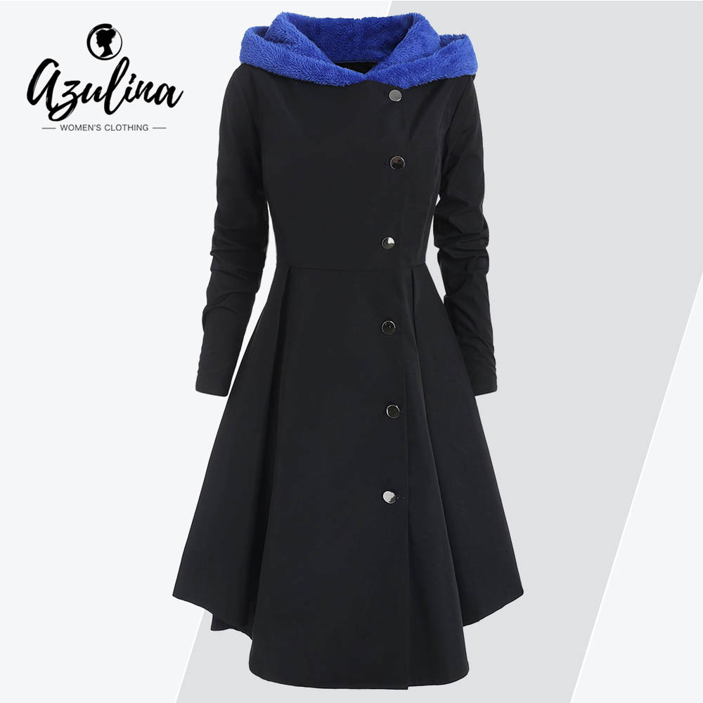 

AZULINA Winter Plus Size Asymmetric Fleece Contrast Hooded Skirted Coat Women Coat Single Breasted Color Block Outwear Coats New, Black