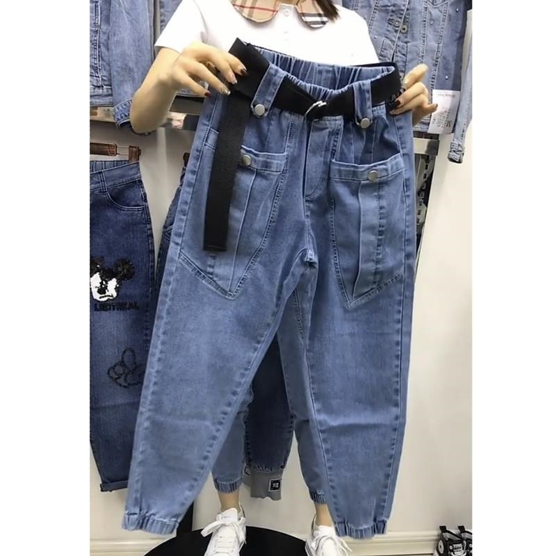 

2020 new denim harem pants women's elastic high waist loose thin overalls pants feet feet nine points lantern dad, Blue