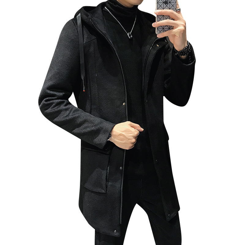 

winter men's Wool & Blends long jacket, fashion business hooded long coat men slim black gray coffee mens trench coats, Dark gray