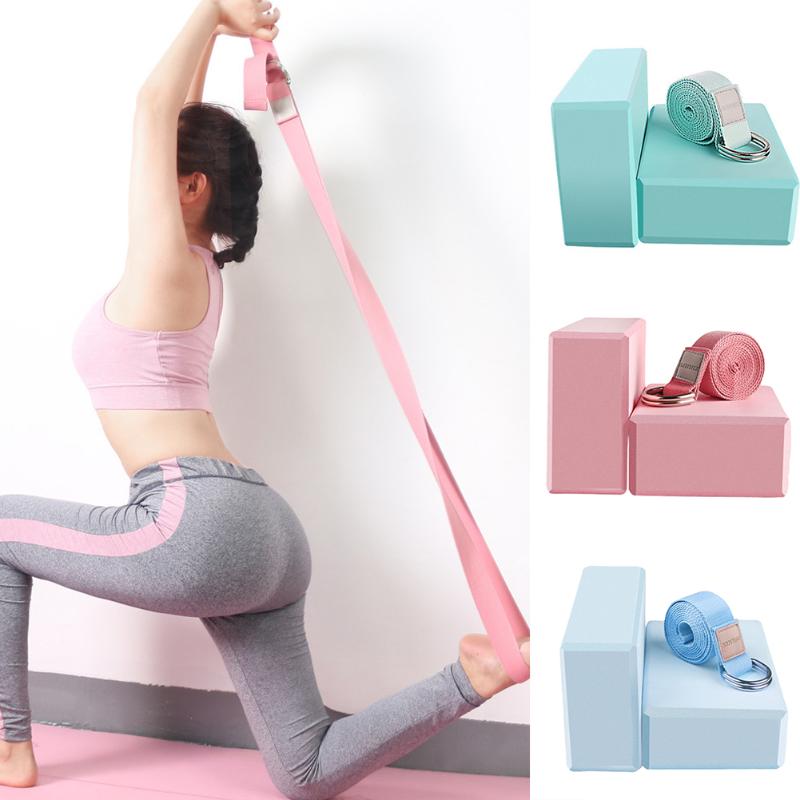 

High Density Yoga Strap With Brick Block Women Training Relax Office Cotton Blend D Ring Gym Fitness Workout Equipemnts, Blue