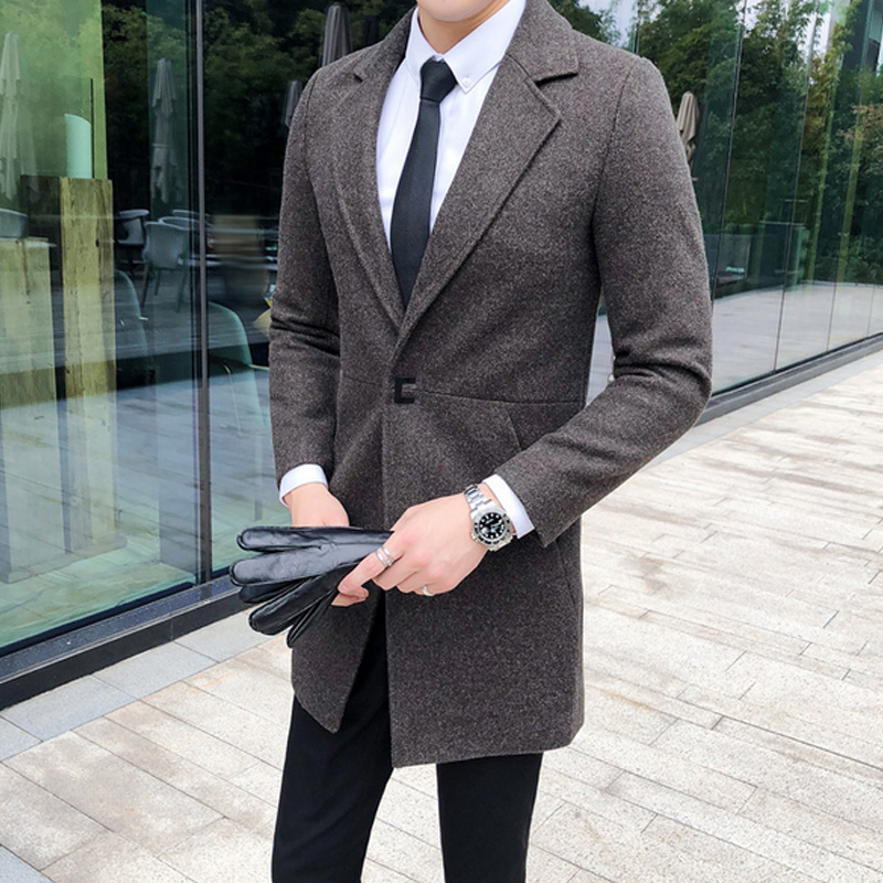 

Winter Wool Jacket Men's High-quality Wool Coat Casual Slim Collar Coat Men's Long Cotton Collar Trench Male Overcoat, Black