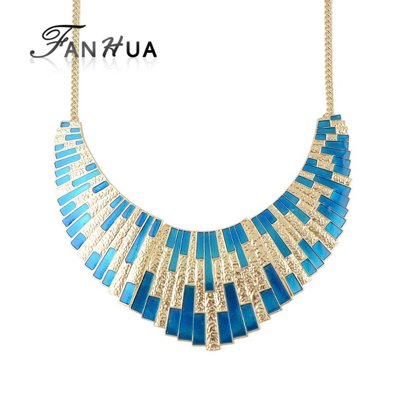 

FANHUA New Geometric Choker Big Necklace Blue Enamel Bib Statement Necklace Fashion Accessories Collier Femme