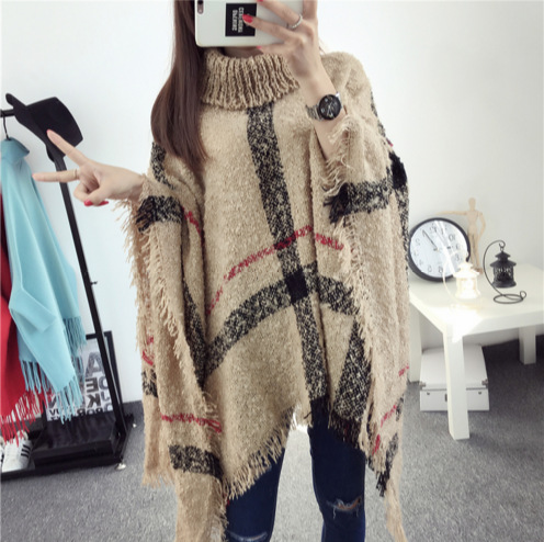 

2019 Autumn New Fashion High Collar Checkered Sweater Loose Bat Sleeve Tassel Cloak Shawl Women Pullovers 60108, Beige