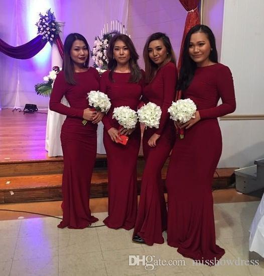 

Burgundy Long Sleeve Mermaid Bridesmaid Dresses 2019 New Scoop Neck Floor Length Formal Wedding Guest Maid Of Honor Gown