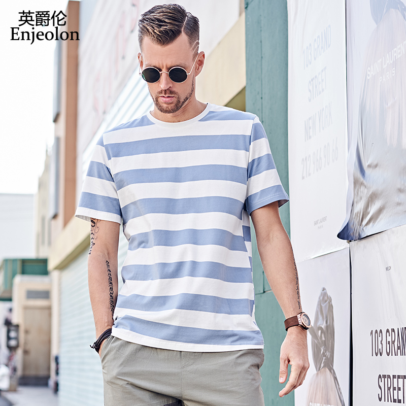 

Enjeolon Summer New Men's Short Sleeve Striped T shirts Men Full Cotton O-Neck T-shirts Casual Tee Shirts Tops Clothing T8186, Blue