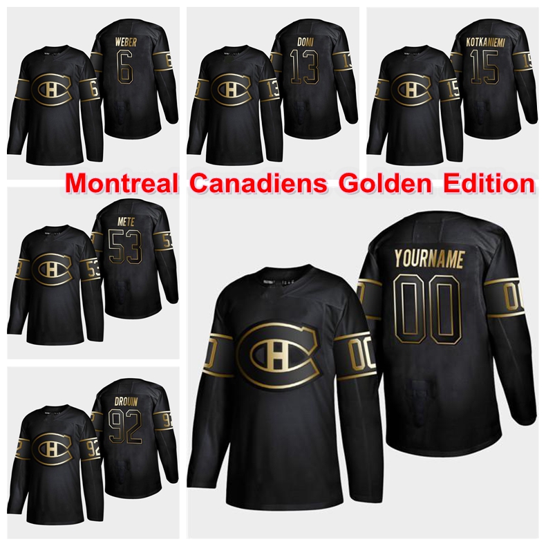

Montreal Canadiens Golden Edition 15 Jesperi Kotkaniemi 6 Shea Weber 31 Carey Price 13 Max Domi Customize any number any name hockey jerseys, Black