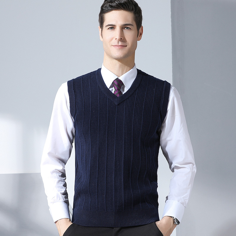 

New Winter Fashion Casual Wool Vest Male Thick Striped Sleeveless Pullover V-Neck Collar Smart Casual Sweaters Vest, Black