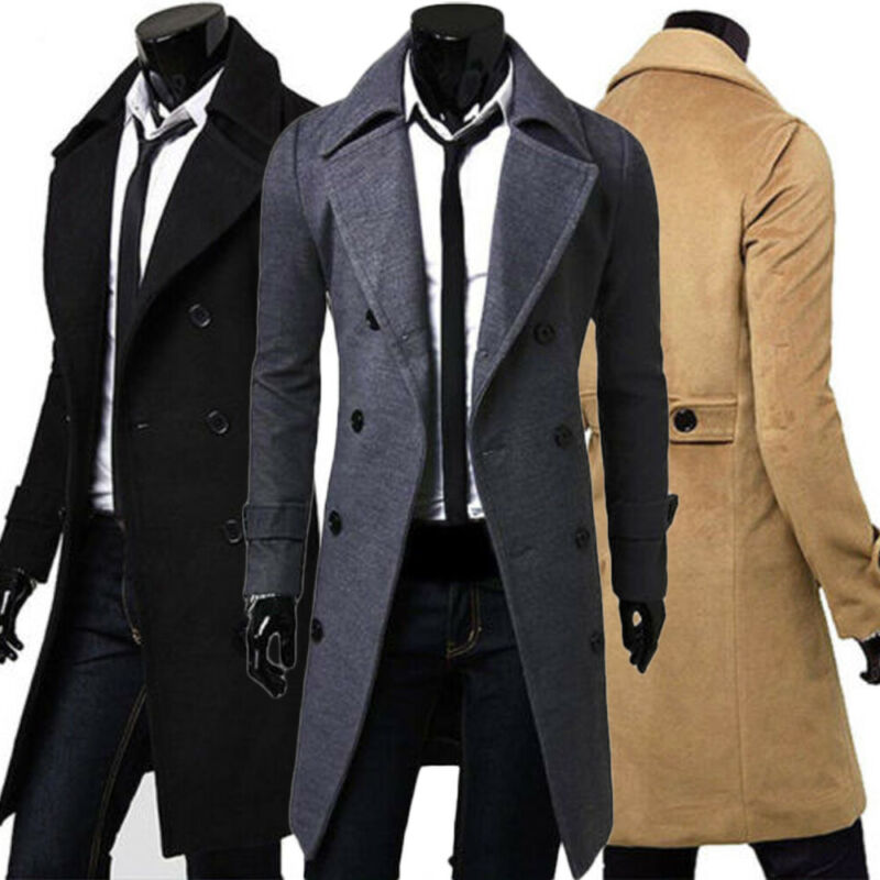 

Men's Trench Coats Coat Warm Thicken Jacket Woolen Peacoat Long Overcoat Tops, Black