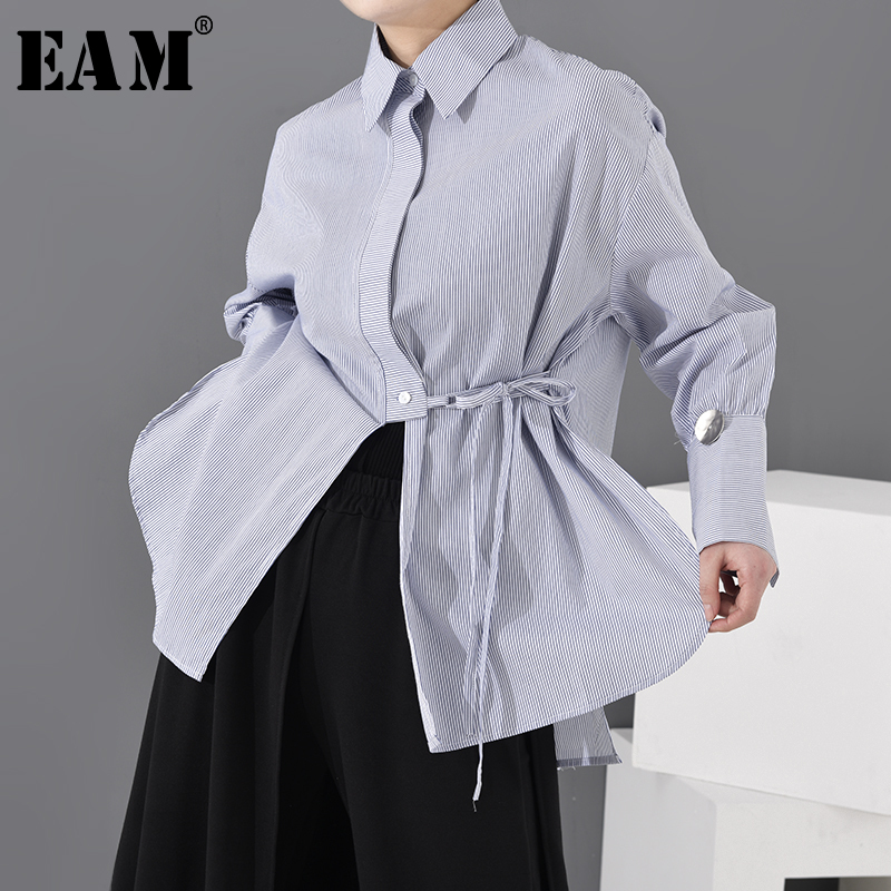 

EAM] Womenbutton Striped Bandage Big Size Blouse New Lapel Long Sleeve Loose Fit Shirt Fashion Tide Spring Autumn 2020 1N52705, Blue
