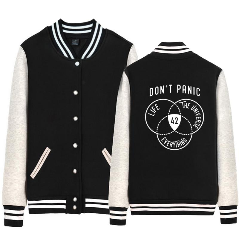 

42 number The Hitchhiker's Guide to the Galaxy Don't Panic All Mea Woman jacket Girl Coat Single breasted Baseball Fleece ZIIART, Black