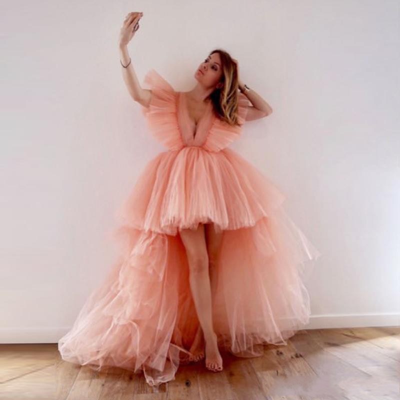 

2020 Fairy Blush Pink High Low Prom Dresses Deep V Neck Tiered Tutu Skirts Short Sleeves Cocktail Party Dress Yong Girls Cheap Evening Gowns, Blue