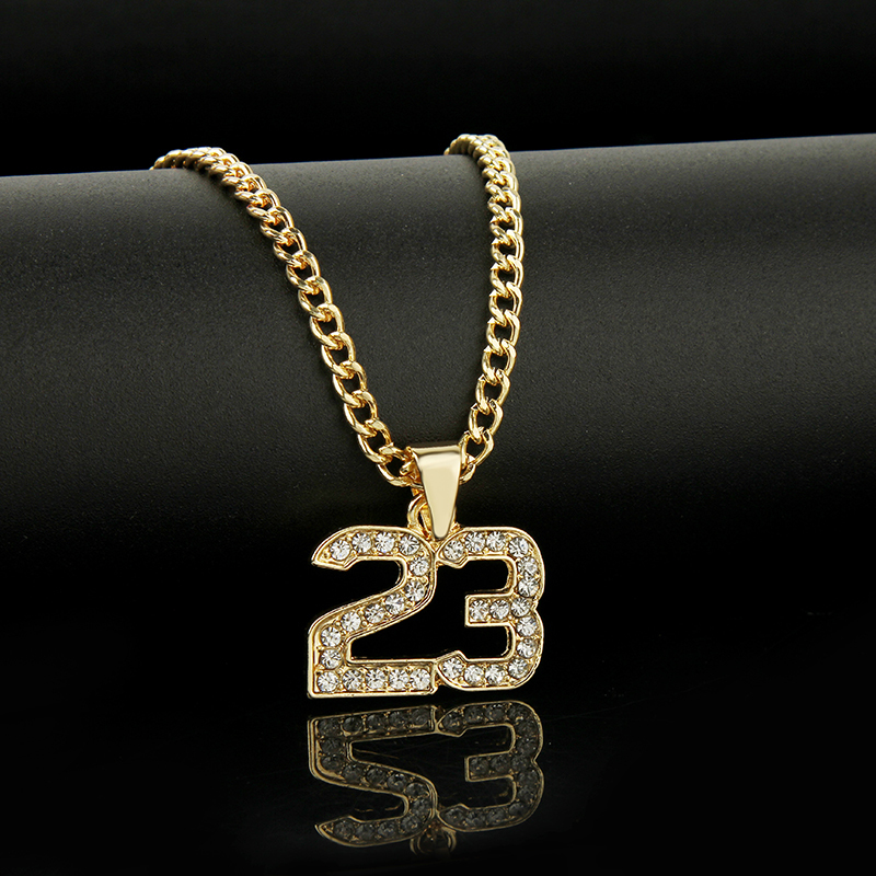 New Arrival Crystal Hip Hop Basketball Legend Number 23 Necklaces & Pendants Bling Gold Cuban Chain Necklace Jewelry For Men-image-502636364