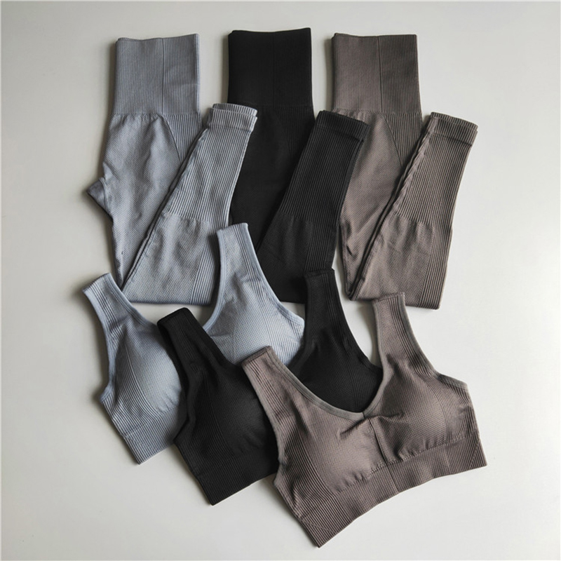 

2 Piece Set Women Seamless Yoga Set Fitness Clothing High Waist Leggings+Sport Bra Gym Workout Clothes Woman Jogging Sportwear, Brown bra