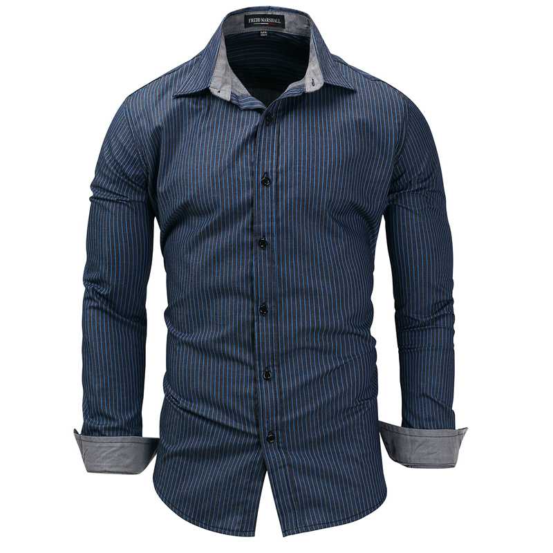 

2020 Summer New Men Long Sleeve Stripes Blue Shirt Male Casual Shirt 100% Cotton Camiseta Social Masculin Euro Size -3XL