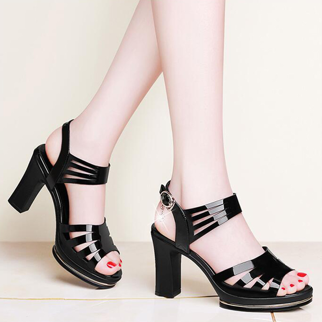 

Women Sandals Shoes Summer Sexy Ladies Fashion Hollow Out Buckle High Heels Causal Party Ankle Female Shoes Sandals, Black