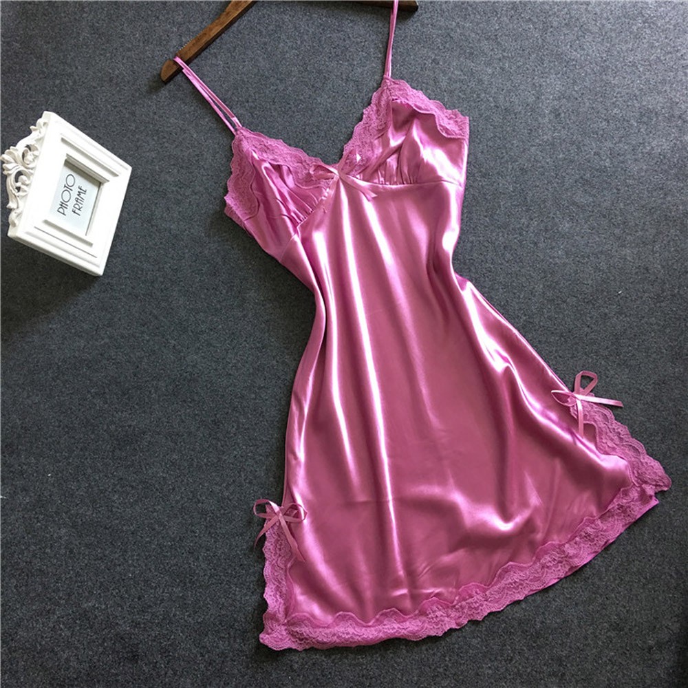 

Women Satin Sexy Bowknot Lace Lingerie Babydoll V-neck Sleepdress Underwear, Pink