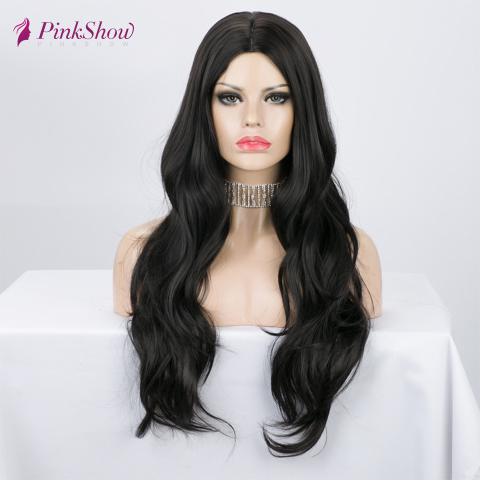 

Pinkshow Black Wigs For Black Women Long Wavy Synthetic Wig Middle Part Heat Resistant Fiber Natural Hairline
