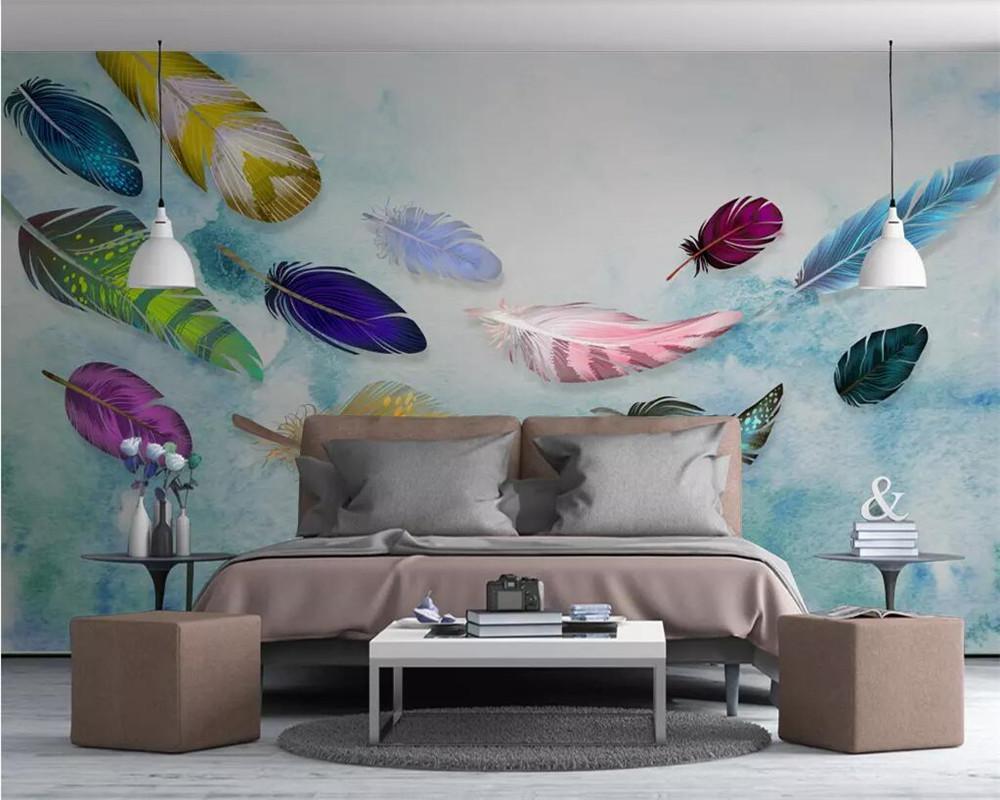 

Custom wallpaper 3d murals American minimalist fashion colorful hand-painted feathers texture bedroom wall papers home decor 3d, As pic