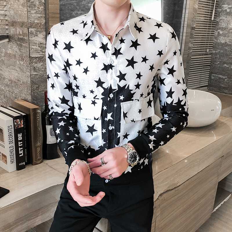 

Tuxedo Camiseta Masculina Korean Men Clothes Shirt Men Streetwear Fashion Star Splice Mens Casual Shirt Slim Fit Dress, Black and white