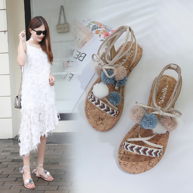 

mixed color pompon sandals women narrow band cross-tied gladiator sandalias Roma shoes femme beading slippers flip flops y459, Black