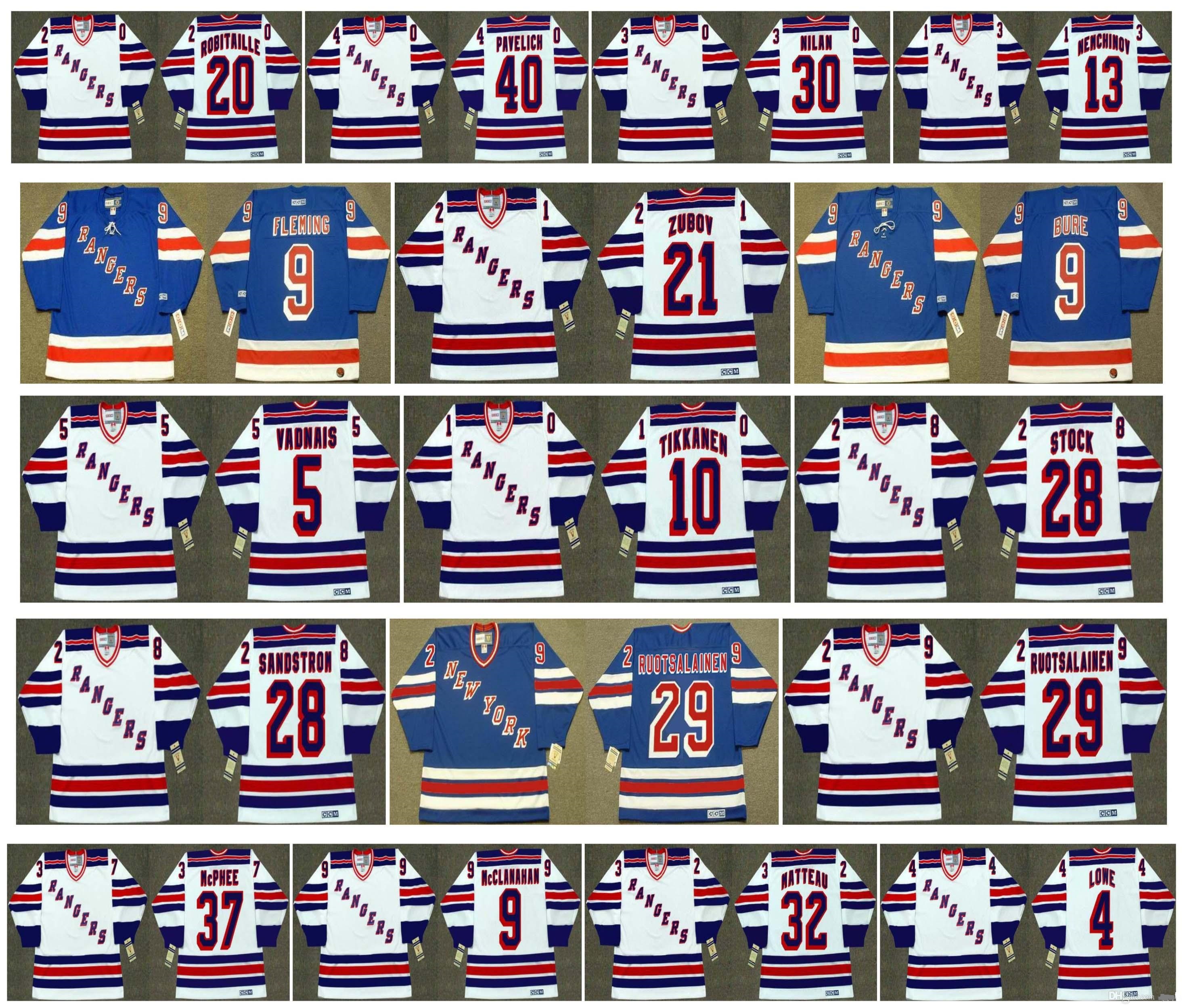 

Vintage New York Rangers Jerseys 30 CHRIS NILAN 29 REIJO RUOTSALAINEN 20 LUC ROBITAILLE 40 MARK PAVELICH 13 Sergei Nemchinov Retro Hockey, Colour 10